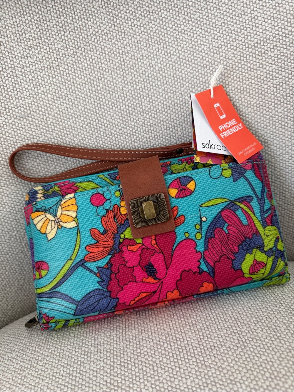 SAKROOTS Turquoise Floral Wristlet/Crossbody with Pink & Green Accents NWT